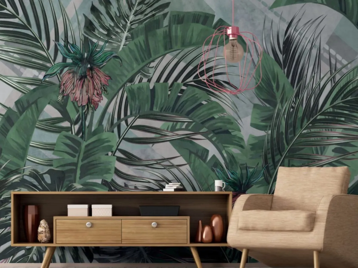 Soggiorno con lastre decorative a motivo botanico tropicale