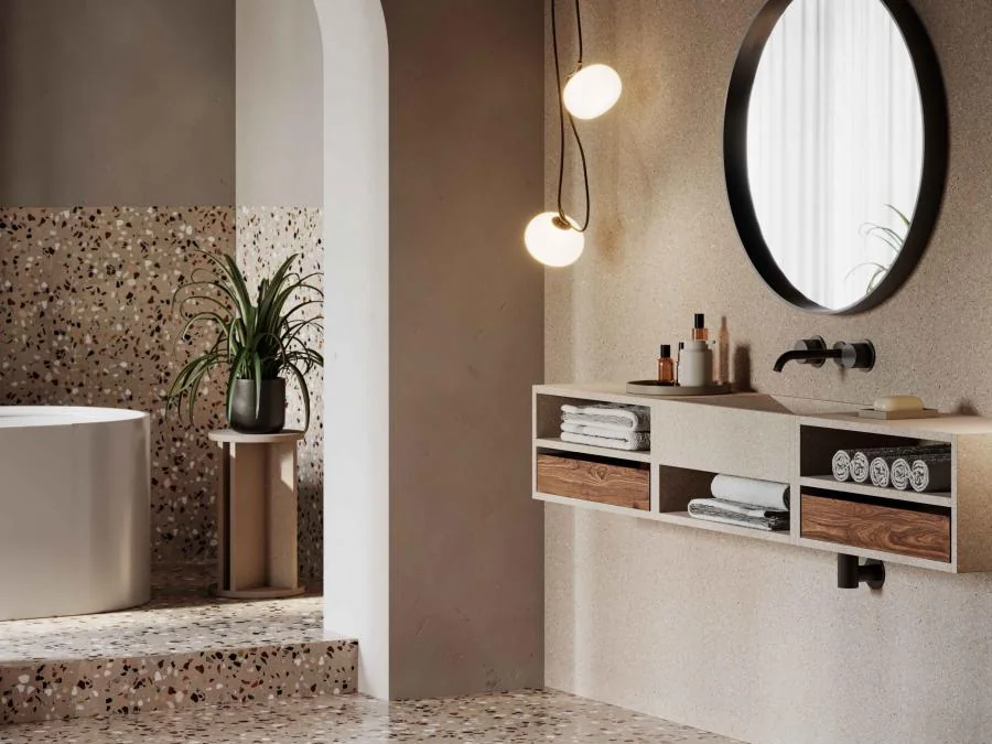 Bagno contemporaneo con pavimento e rivestimento in graniglia a Bologna
