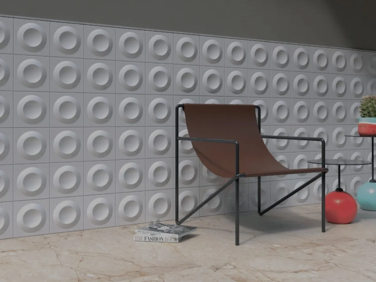 Rivestimento in ceramica a rilievo geometrico in stile industrial a Bologna